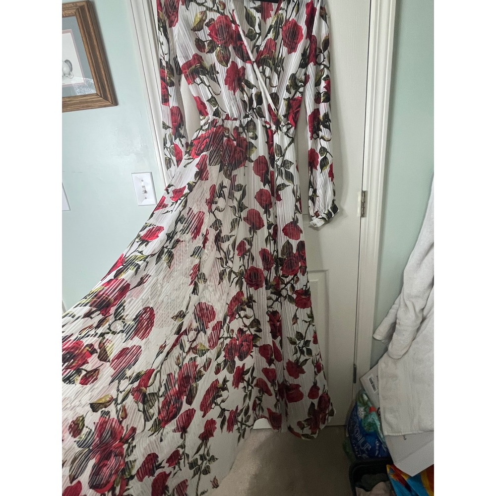 The Moon Red Rose Floral Print Striped Chiffon Wrap Maxi Dress Long Slv  Medium